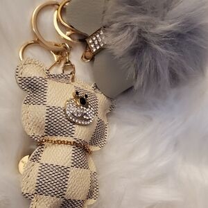 Checker Patterned Bear And Pompom Keyring